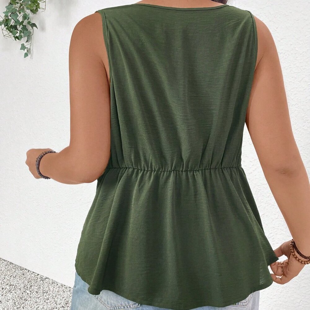 Green Casual Women's Plus Size Elegant Sleeveless Twist Knot Shirt Vest - Picture 2 of 8